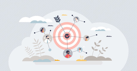 Audiences network and social group effective targeting tiny person concept. Analyzing consumer community for focused marketing campaign vector illustration. Graphic with specific loyal auditorium part