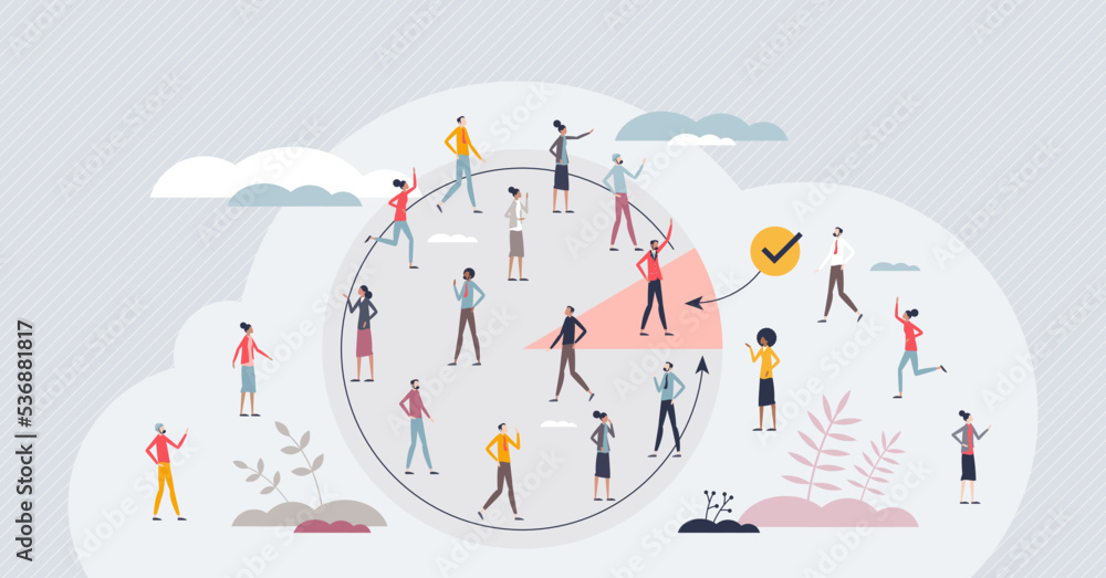 Poster audiences as part of crowd group with specific focus tiny person concept. customer target management