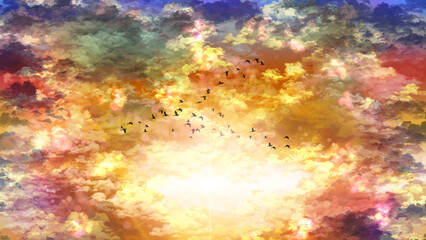 Bird on the beautiful cloudy sky with a pastel colored, clouds in dusk sky
