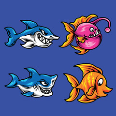 illustration of cute sea fish vector set design. can be used for posters, t-shirt designs, merch, etc