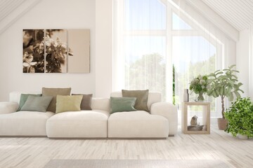 White living room with sofa and summer landscape in window. Scandinavian interior design. 3D illustration