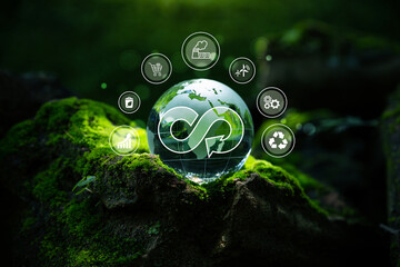 Crystal globe with circular economy icon on moss, Circulating in an endless cycle, Business and world sustainable environment concept. - obrazy, fototapety, plakaty