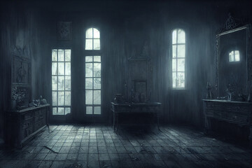 creepy interior of an abandoned building background, concept art, digital illustration, haunted house, scary interior, Generative AI	