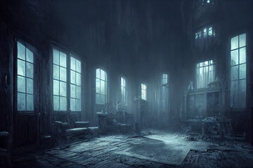 creepy interior of an abandoned building background, concept art, digital illustration, haunted house, scary interior, Generative AI - obrazy, fototapety, plakaty