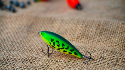 Artificial lure made from plastic for fishing by casting. Casting lure with hook on the burlap -...