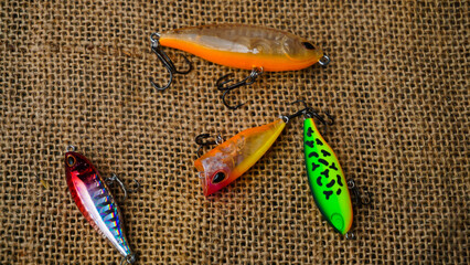Artificial lure made from plastic for fishing by casting. Casting lure with hook on the burlap. Artificial lure with the shape of minnow - Flat lay

