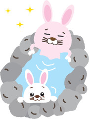 ゆったりと温泉につかるかわいいうさぎの親子