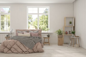 White bedroom interior. Scandinavian design. 3D illustration