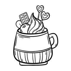 Christmas cup with Hot chocolate or coffee with whipped cream and waffle rolls. Vector illustrations in cartoon style. Tasty warm drink coloring page. For print