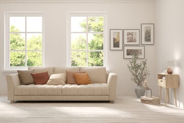 Minimalist living room in white color with sofa and summer landscape in window. Scandinavian interior design. 3D illustration