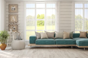 White living room with sofa and summer landscape in window. Scandinavian interior design. 3D illustration