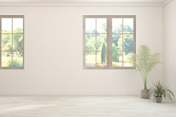 Fototapeta premium White room with sofa and green landscape in window. Scandinavian interior design. 3D illustration