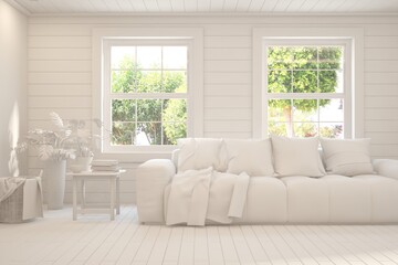 Mock up of stylish room in white color with sofa and green landscape in window. Scandinavian interior design. 3D illustration