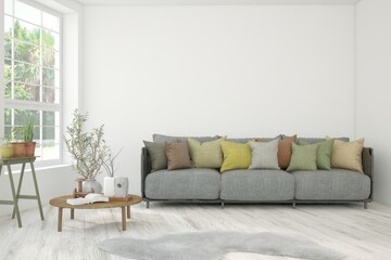 White living room with sofa and summer landscape in window. Scandinavian interior design. 3D illustration