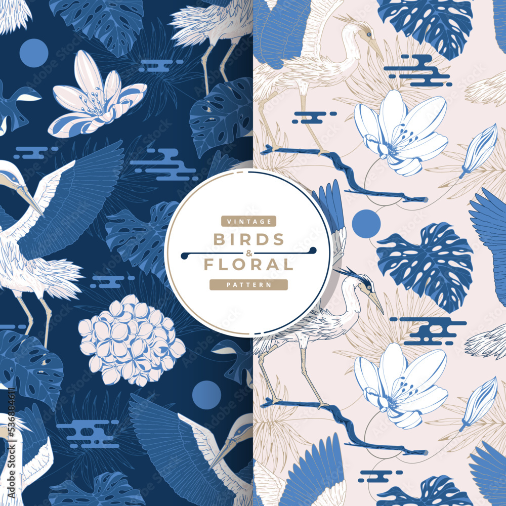 Poster vintage luxury bird and floral pattern collection