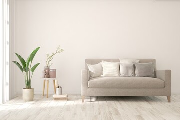 Modern living room in white color with sofa. Scandinavian interior design. 3D illustration