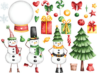 Watercolor Illustration set of snowman and christmas ornaments