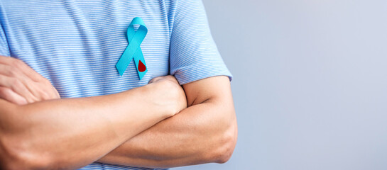 World Diabetes day Awareness month, Blue Ribbon with blood drop shape for supporting people living,...