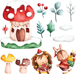 Watercolor Illustration set of woodland animals and christmas decoration