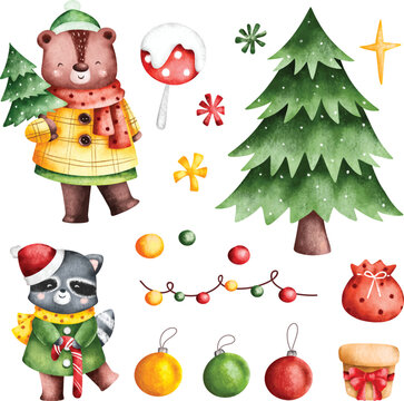 Watercolor Illustration set of woodland animals and christmas decoration