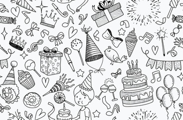 Happy birthday hand drawn seamless pattern.