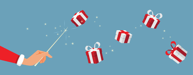 Santa Doing Magic Multiplying Christmas Gifts Vector cartoon. Santa celebrating a magical holiday with presents and seasonal fun

