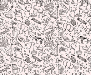 Happy birthday hand drawn seamless pattern.