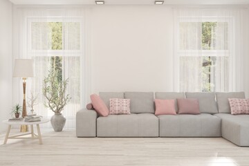 White living room with sofa and summer landscape in window. Scandinavian interior design. 3D illustration