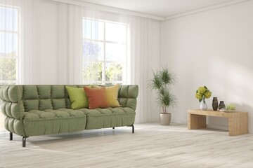 Fototapeta premium White living room with sofa. Scandinavian interior design. 3D illustration