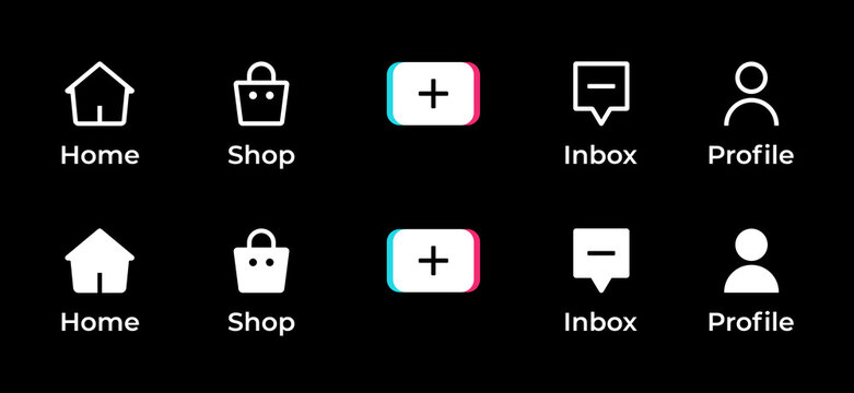 Home, shop, create, inbox, and profile. Icon set of Tiktok menu interface