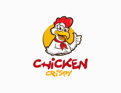 Chicken restaurant logo design with chicken mascot wearing glasses