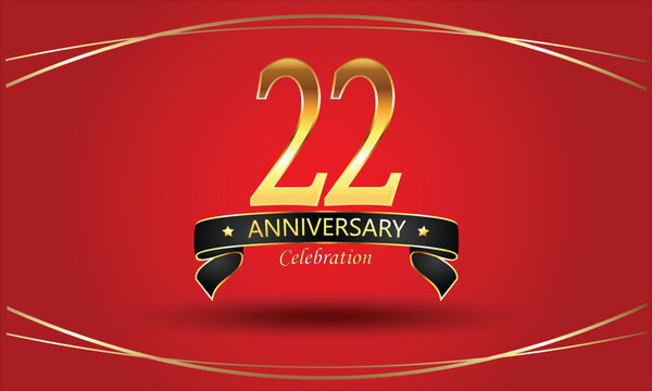 22nd Anniversary Celebration with red background. 22 Year Golden anniversary banner. red anniversary celebration. Golden anniversary with ribbon
