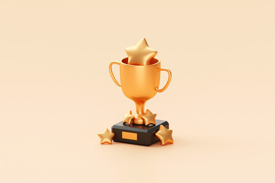 Gold five star rating trophy success award symbol on achievement 3d background of best customer feedback review winner prize or golden victory premium quality ranking rate and excellent satisfaction.