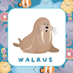 Sea animal flashcards for kids. Introducing the sea animals to children. Ready to print educational flashcards. Cute sea animal illustrations flashcards for toddlers. Printable game card for kids