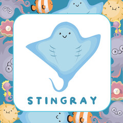 Sea animal flashcards for kids. Introducing the sea animals to children. Ready to print educational flashcards. Cute sea animal illustrations flashcards for toddlers. Printable game card for kids