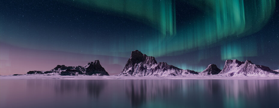 Winter Mountains with Aurora Sky. Green Sky Background with copy-space.