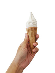 Delicious ice cream in waffle cone in female hand isolated on white background
