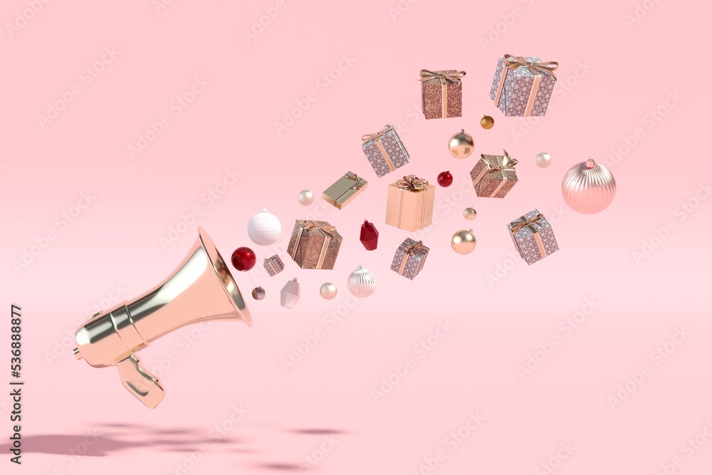 Poster golden megaphone sending christmas gift box set floating on pink background. christmas minimal idea 