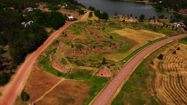 Aerial view around the Bomarsund castle ruins, in Aland, Finland - circling, drone shot