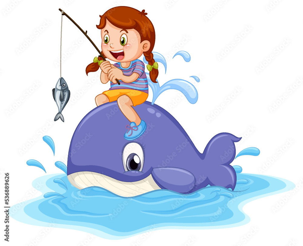 Wall mural cute girl riding on whale