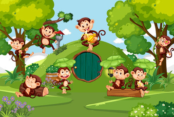 Happy monkey family in the forest