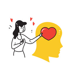 hand drawn doodle woman put love on mind illustration vector