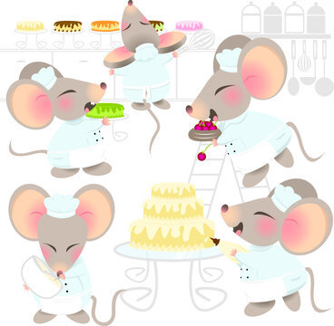 cooking mouse cute pastry mice bakery cake kitchen factory vector set cartoon classic daily activities in business rat rodent daily expression series