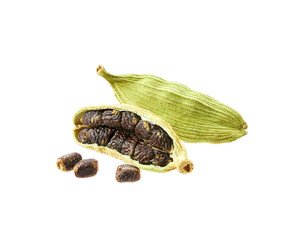 Cardamom pods and seeds isolated on white background.