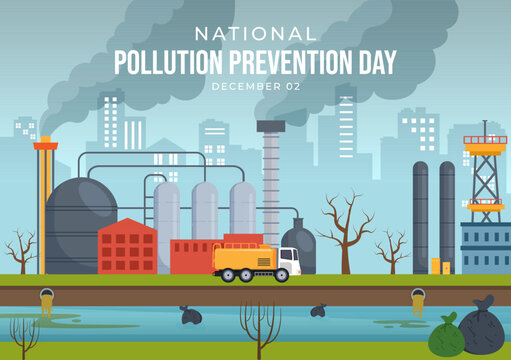 National Pollution Prevention Day for Awareness Campaign About Factory, Forest or Vehicle Problems in Template Hand Drawn Cartoon Flat Illustration
