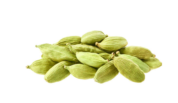 Pile green cardamom pods isolated on white background.