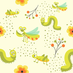 Fototapeta na wymiar Funny insect characters, flies and caterpillar