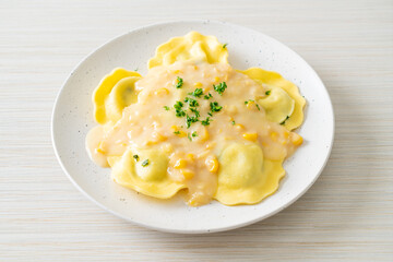 ravioli pasta with corn cheese sauce
