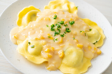 ravioli pasta with corn cheese sauce