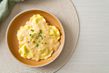 ravioli pasta with corn cheese sauce